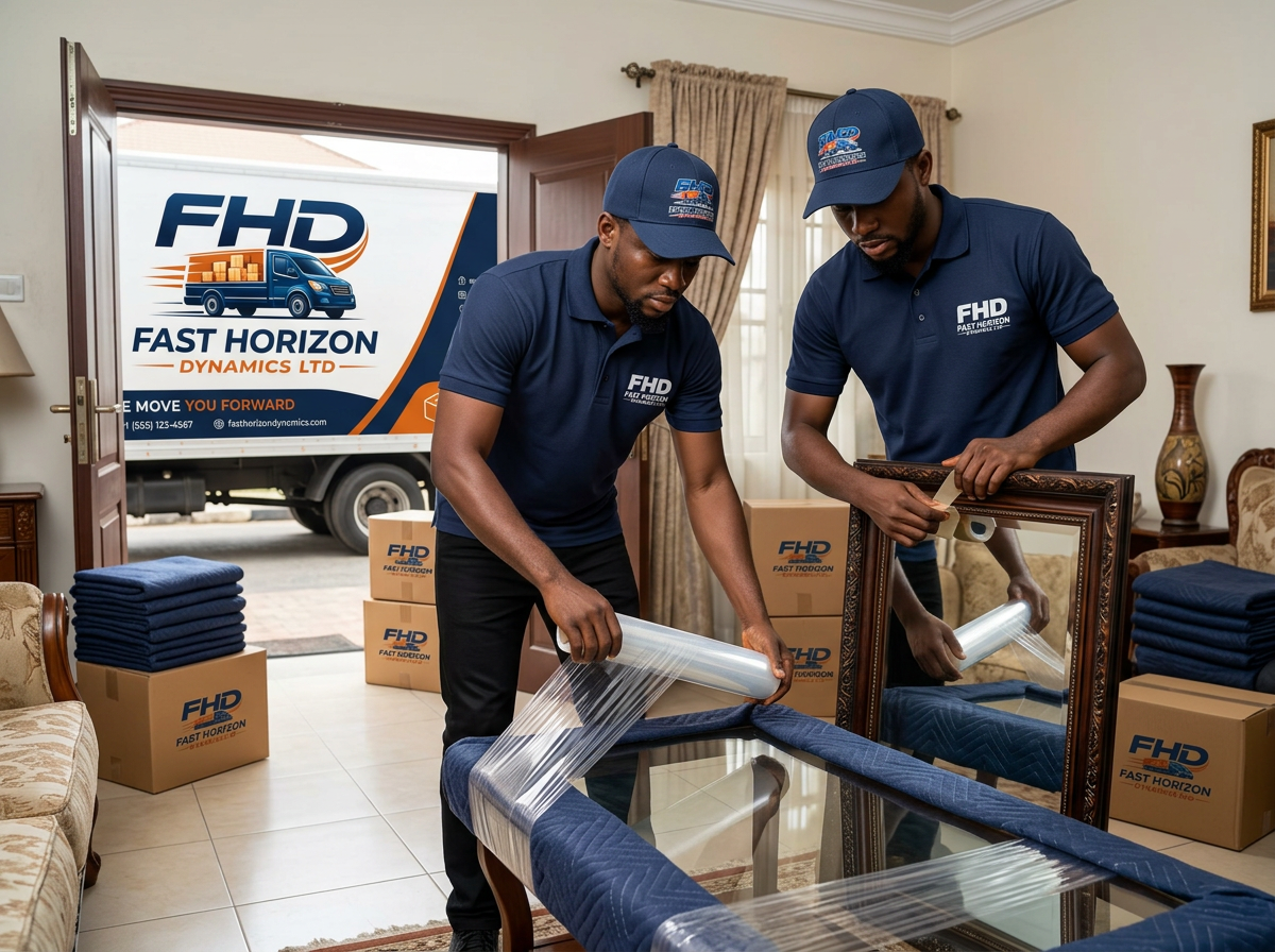 FHD movers wrapping fragile household items for transit