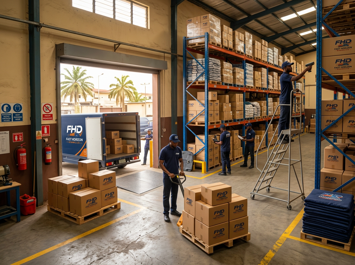 FHD warehouse operations with staff in official navy uniforms